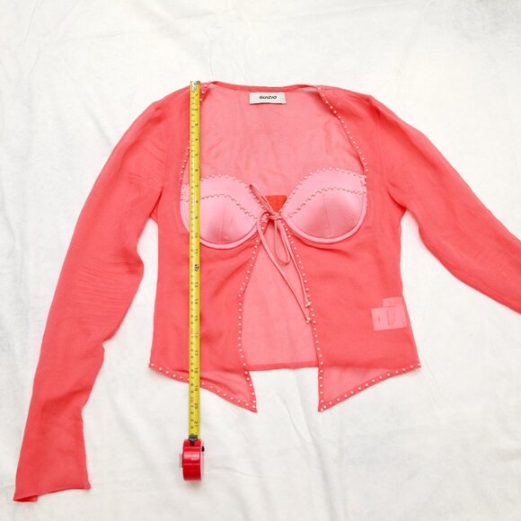 Danielle Guizio Long Sleeve Pearl Trim Top In Punch Silk Size XS - Picture 14 of 14